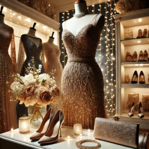 O rochie aurie pe un manechin, pe o masa, cu accesorii de jur imprejur